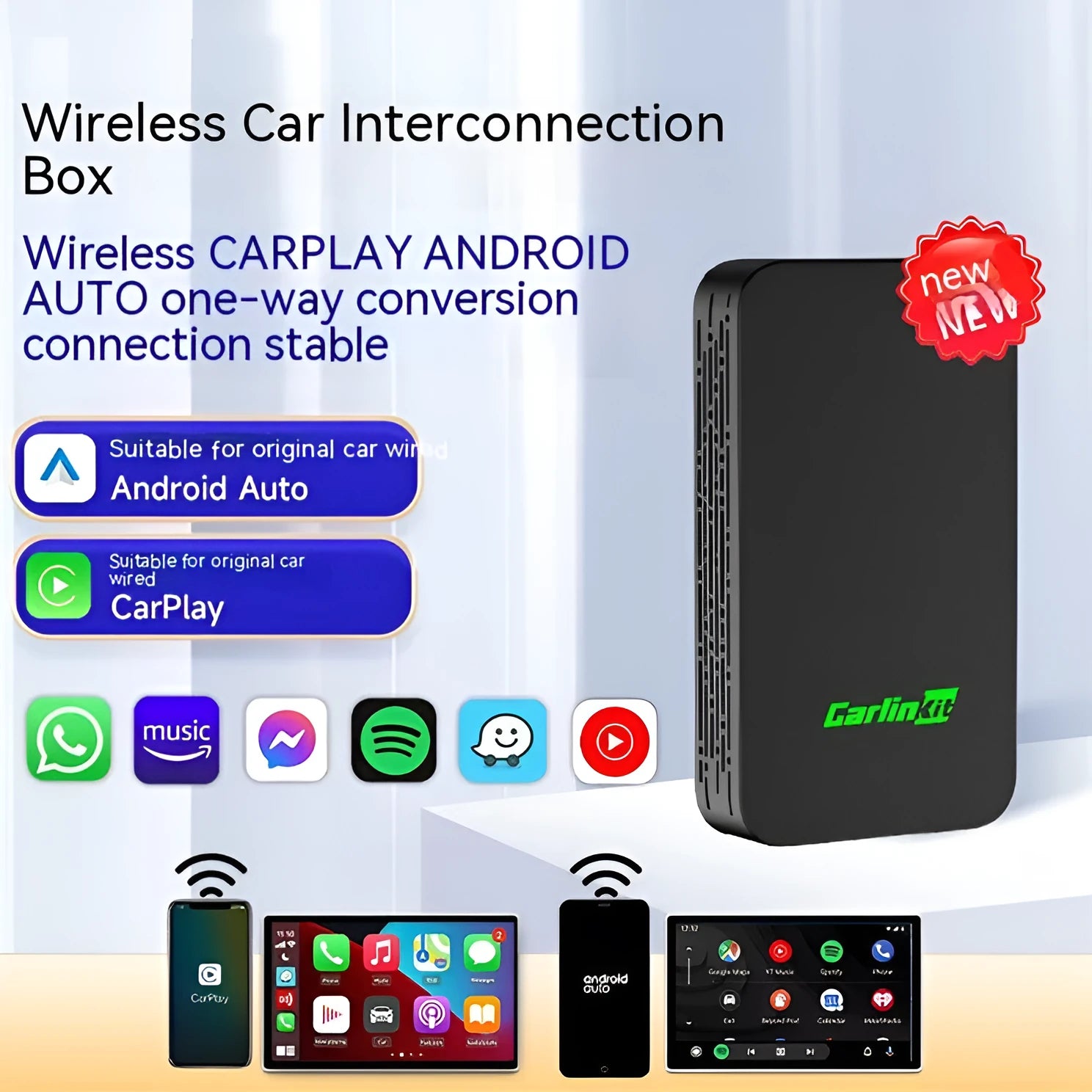 Car wired to wireless entertainment box with data cables for vehicle audio system connection