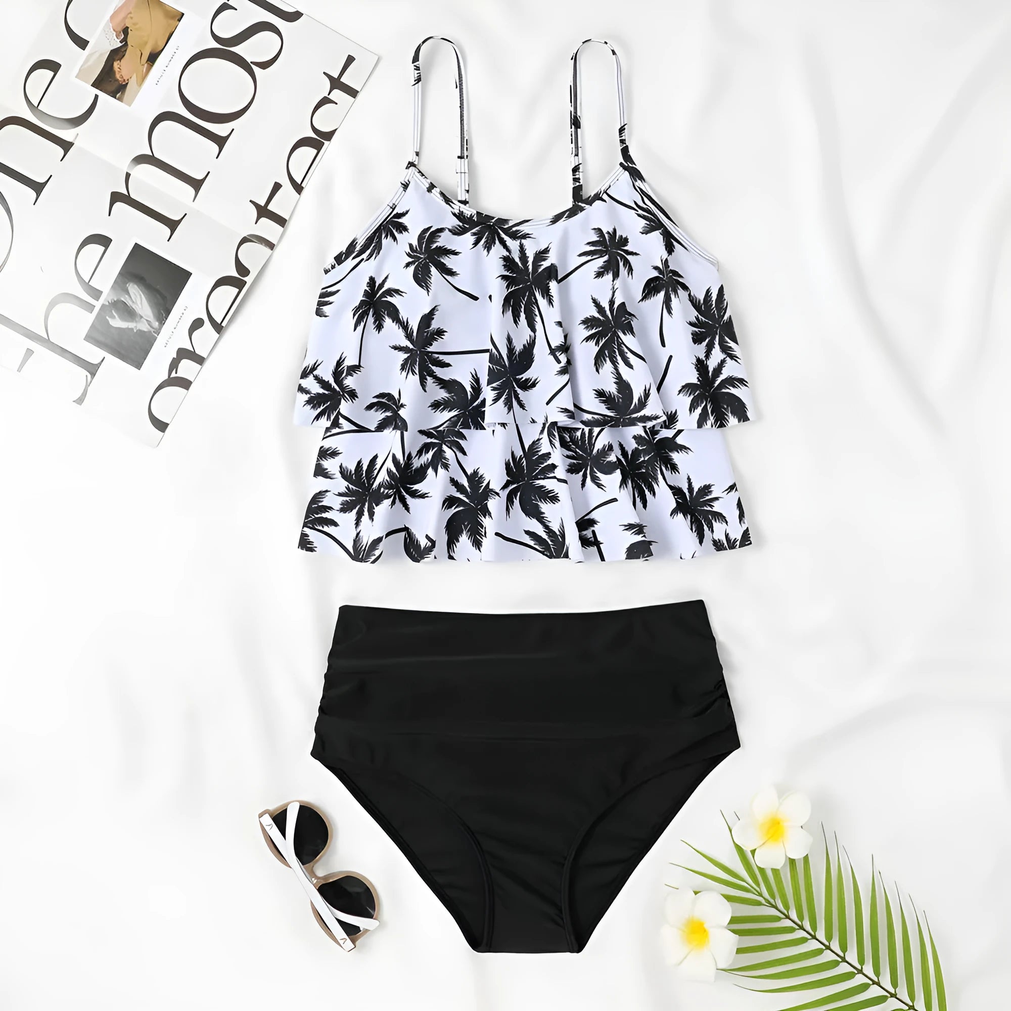 High-waist double-layer printed polyester swimsuit briefs for women
