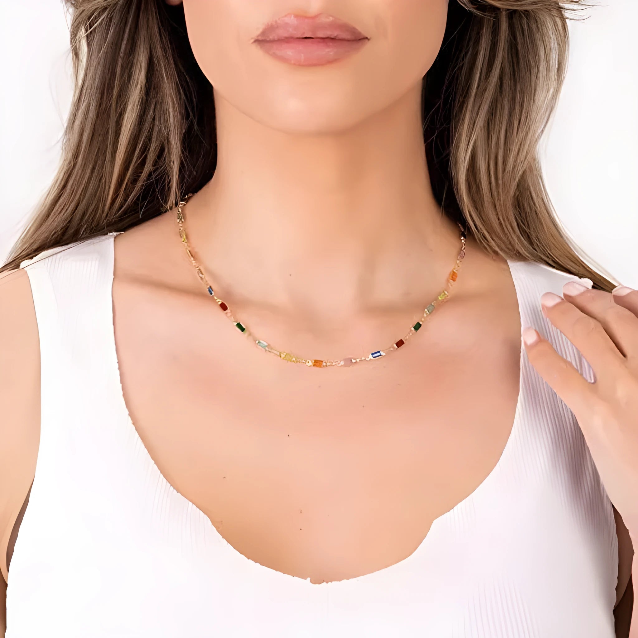 Geometric crystal necklace with alloy chain and random colour electroplated finish