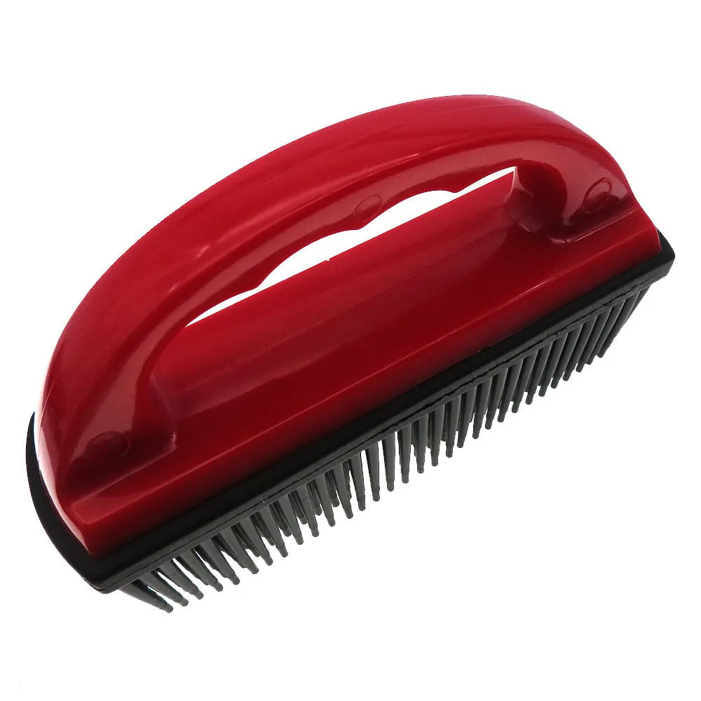 Red handled pet hair removal brush for grooming and cleaning carpets, measuring 160mm by 85mm.