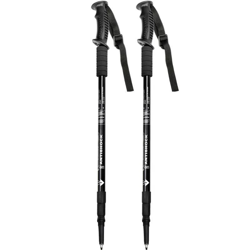 Aluminum alloy three-section adjustable trekking poles in black, red, blue, or silver.