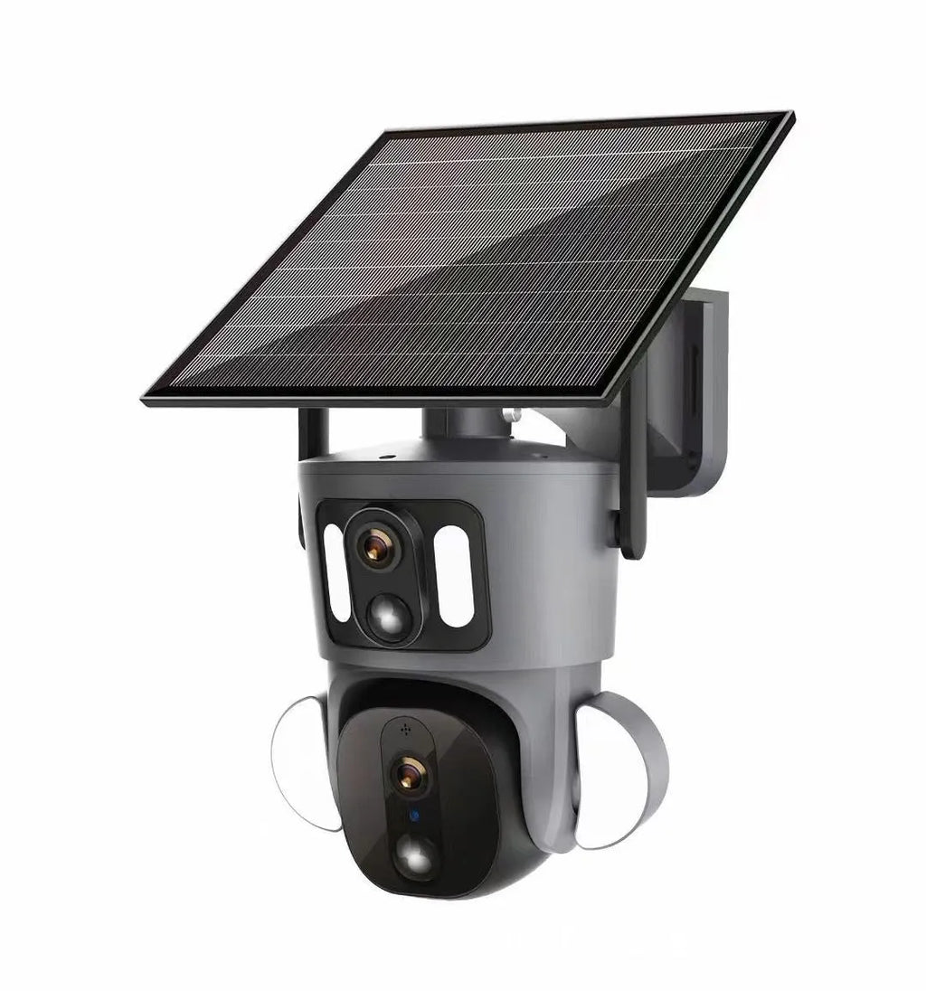 Solar-powered binocular surveillance camera with integrated solar panel and three-screen display