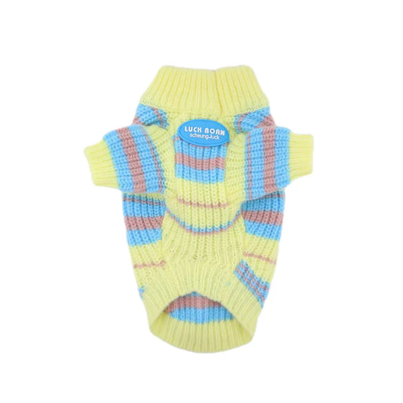 Blue and yellow striped wool dog sweater for small breed dogs in casual style