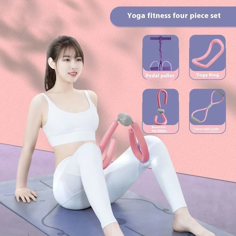 Yoga four-piece fitness set showing leg stretcher, yoga ring, pedal puller, and figure eight tension rope