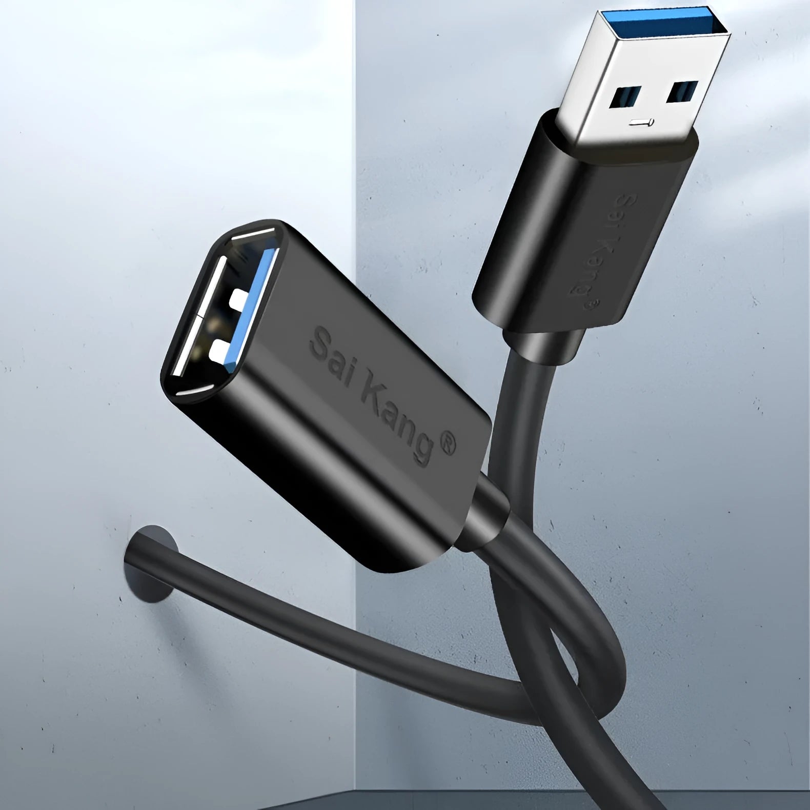 Black USB extension cable with male and female connectors, shown with length options from 1 to 5 metres.