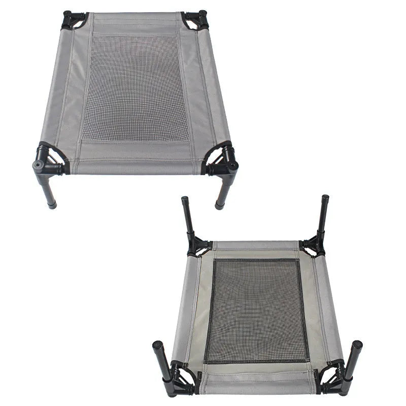 Black outdoor dog bed with removable Oxford cloth cover and steel frame, 55cm x 43cm