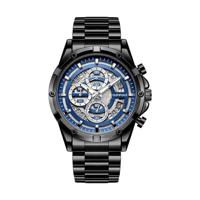 Men's waterproof luminous quartz watch with stainless steel band in black and blue colour option