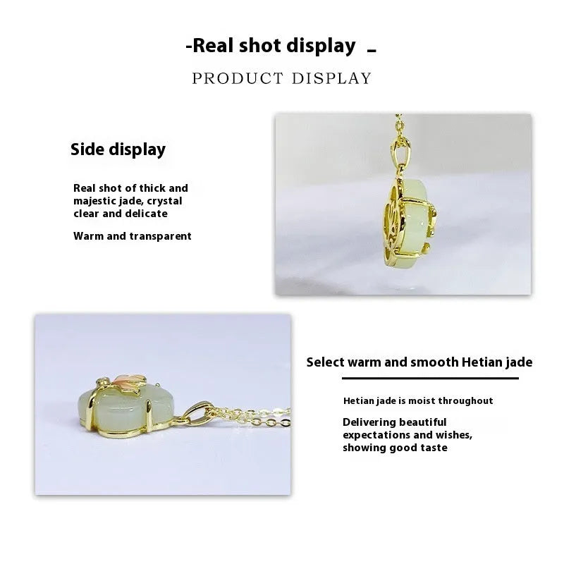 S925 Sterling Silver necklace, bracelet and earrings set with inlaid Hetian Jade magnolia flower design.
