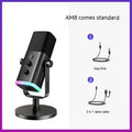 Dynamic noise reduction microphone in black, pink, or white with XLR and USB cables on a desk.