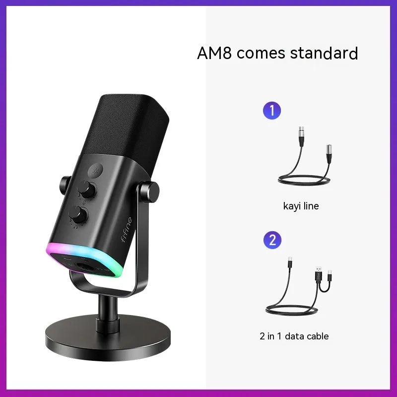 Dynamic noise reduction microphone in black, pink, or white with XLR and USB cables on a desk.