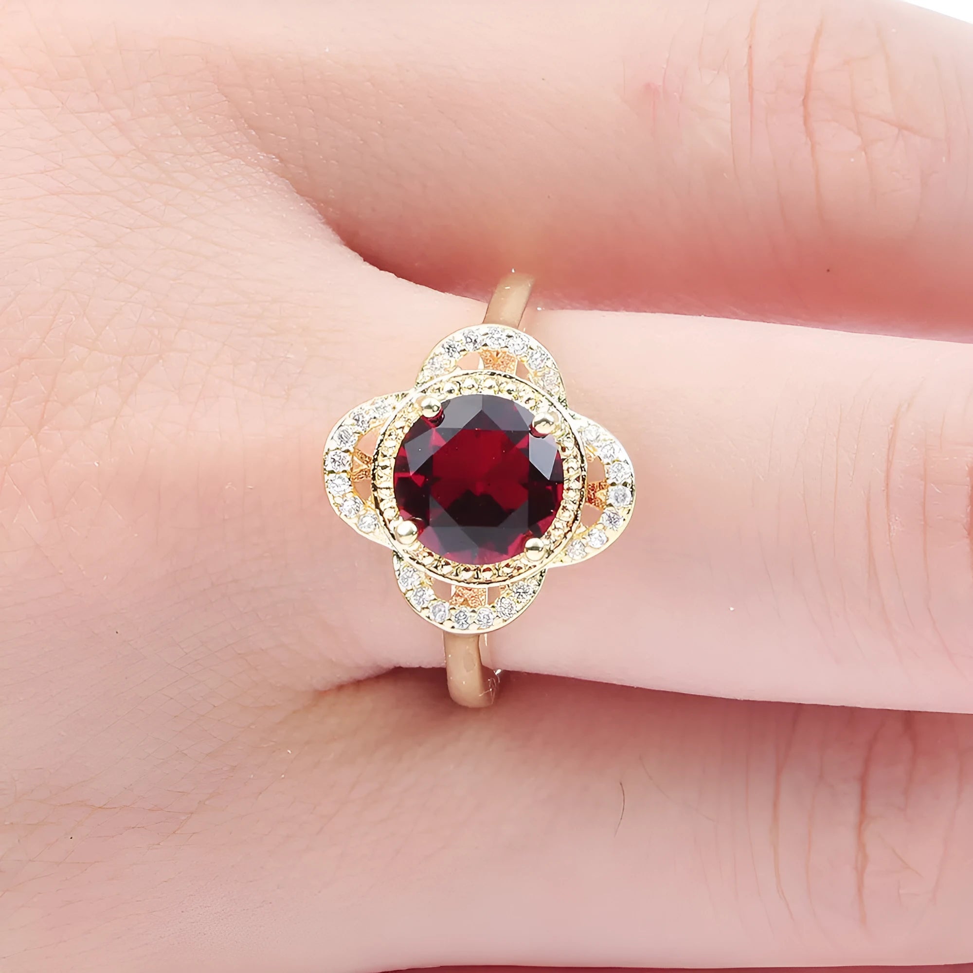 Copper fruit-shaped ring with zircon detailing and electroplated finish