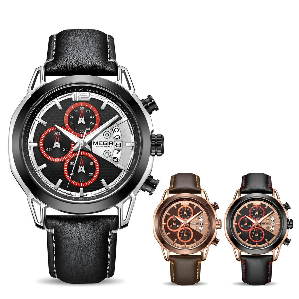 Men's black multifunctional waterproof luminous watch with leather strap and chronograph display