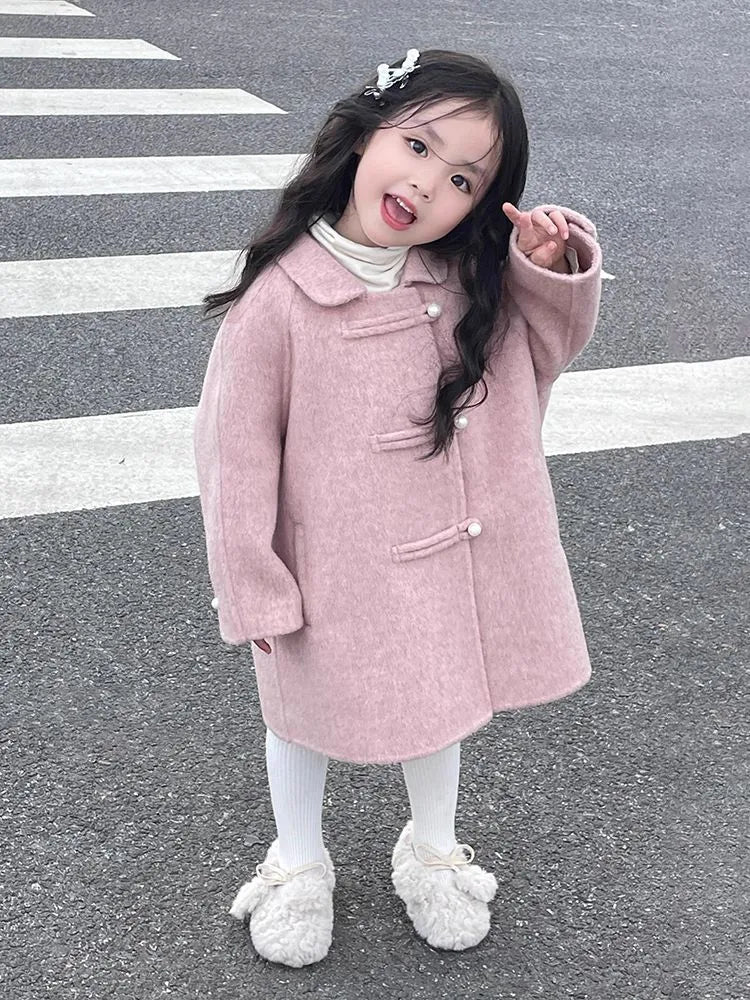 Reversible peach pink woolen coat for girls, thickened cotton, solid colour, front view, size 110 cm