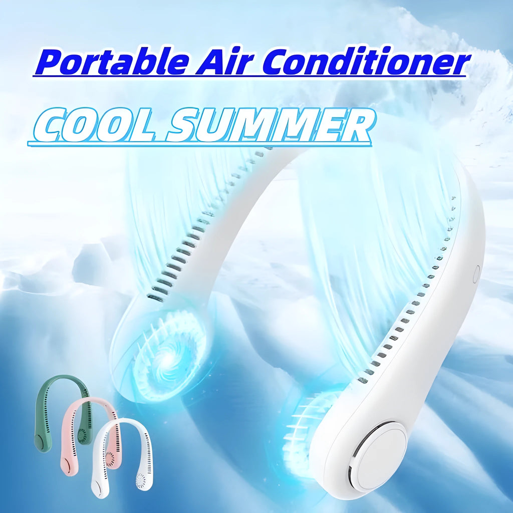 White portable neck fan hanging around neck with bladeless design and decentralised air outlet