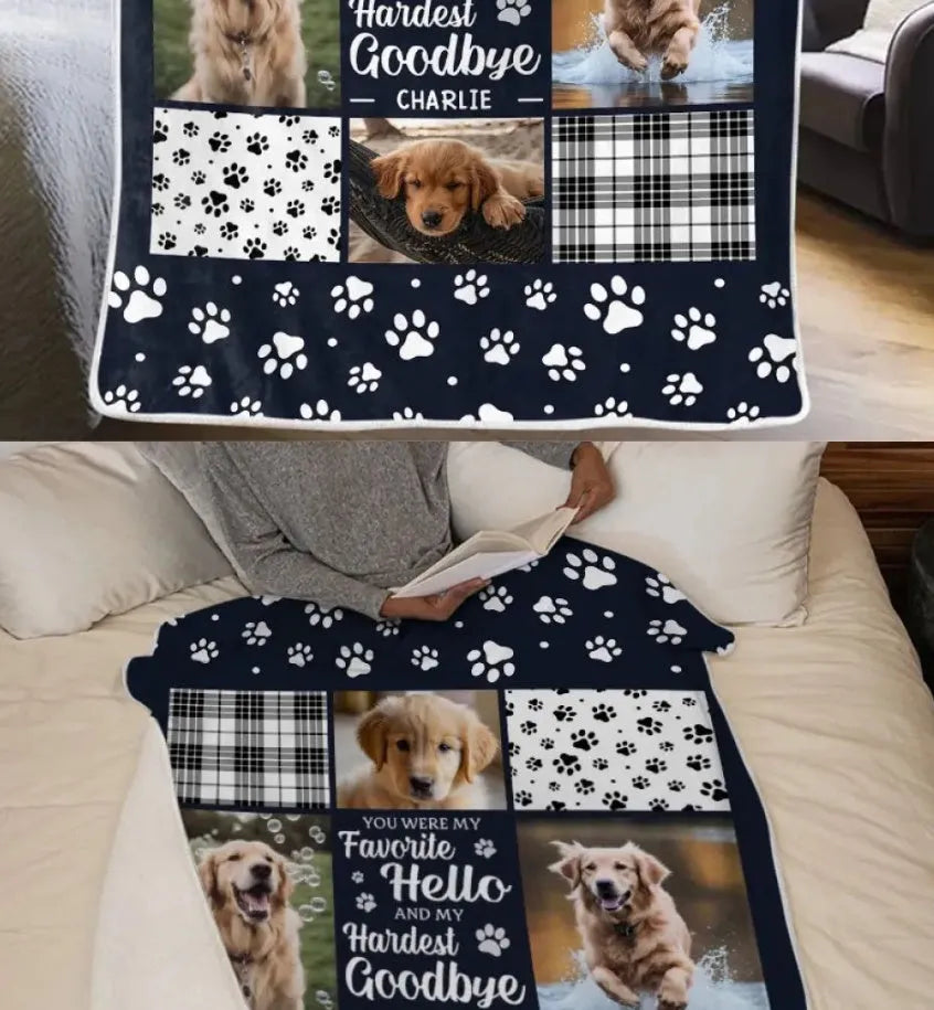 White polyester flannel dog blanket laid flat, showing soft texture and available size options.