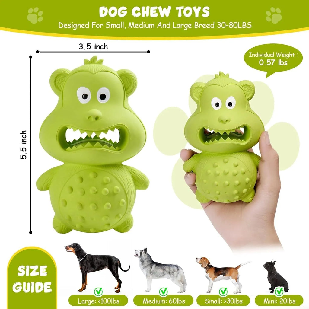 Green and yellow thick natural rubber squeaky dog chew toy for aggressive chewing dogs