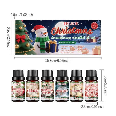 Christmas aromatherapy oil gift set showing six 10ml bottles with warm home fragrance scents