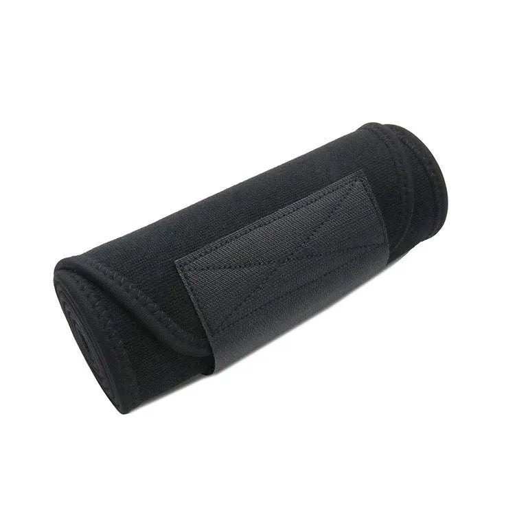 Black neoprene lumbar support waist belt for fitness and running.