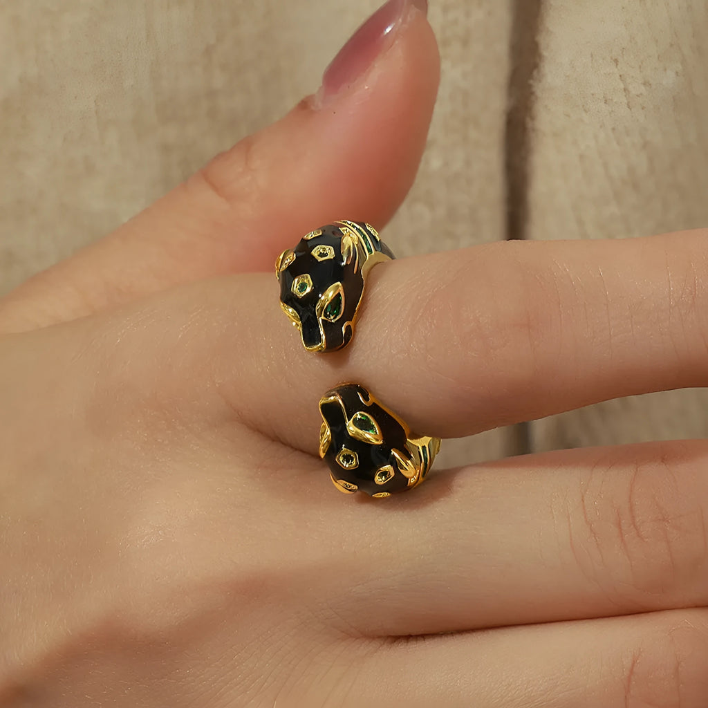 Black cheetah print geometric open ring for women, size 7, electroplated copper construction