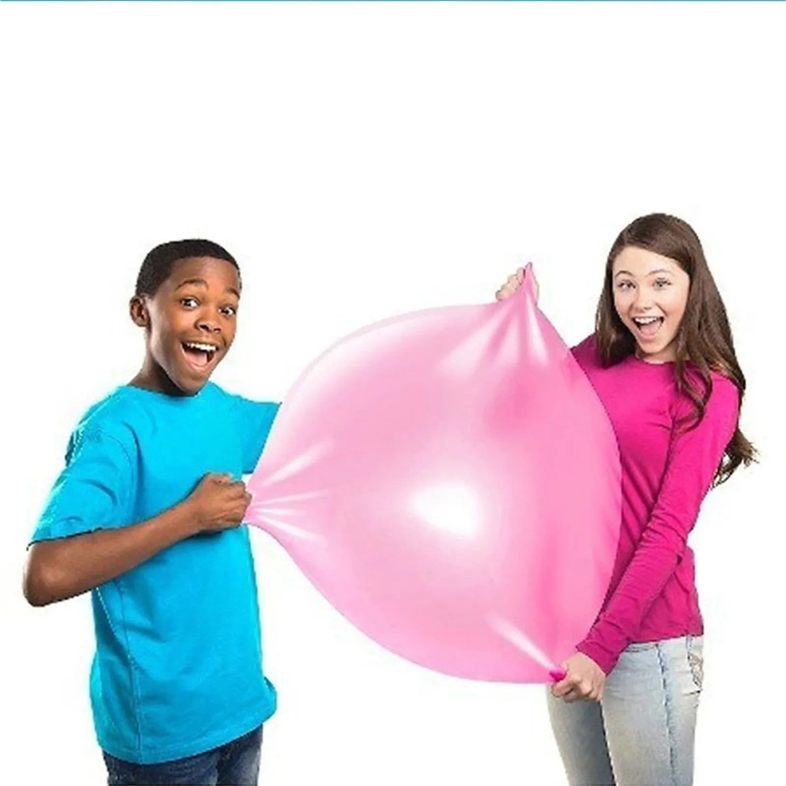 Large pink inflatable bubble ball on grass, showing its size and smooth TPR surface.