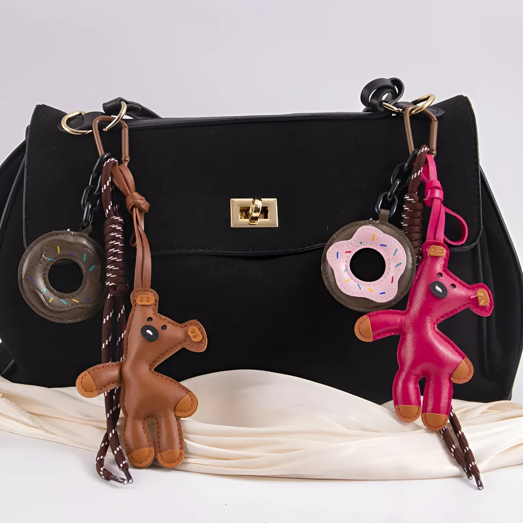 PU leather bear donut keychain in brown with semi-handmade finish and bag clip attachment