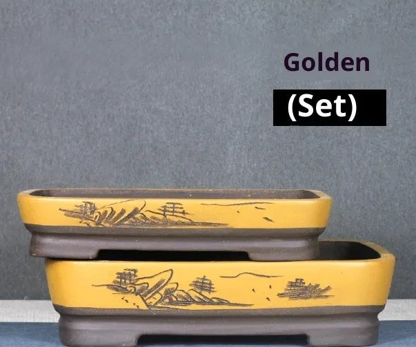 Rectangular non-woven fabric bonsai pot in blue with purple clay flowerpot for indoor plants