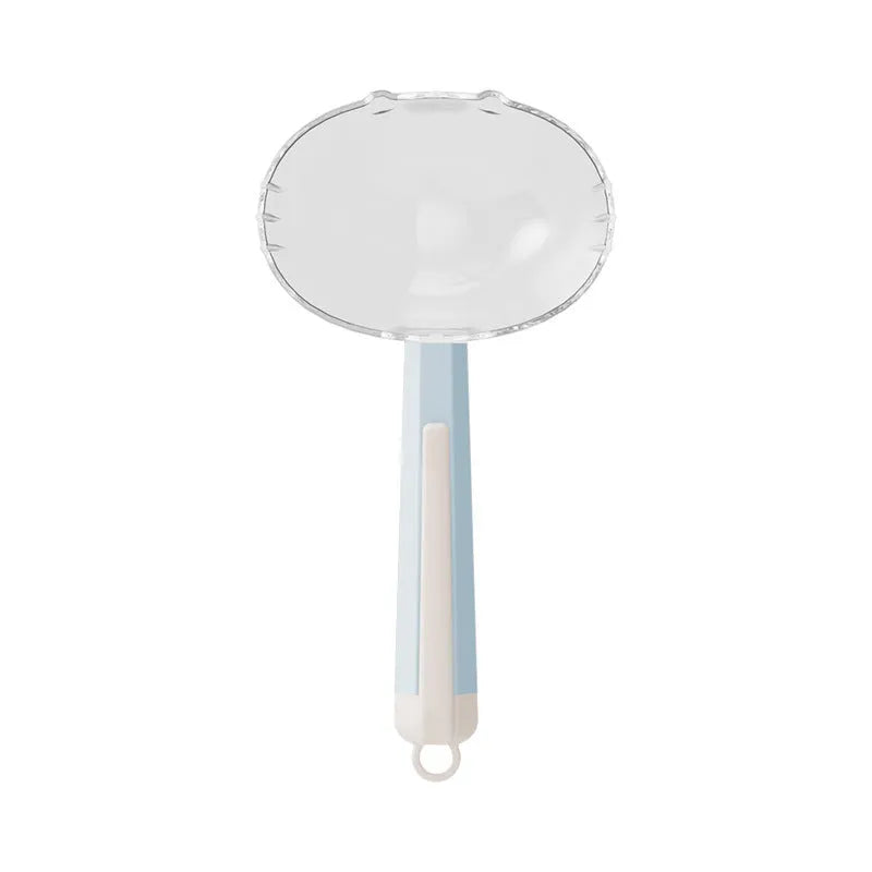 Blue pet food spoon with a clip attached to a dog food bag for hygienic feeding.