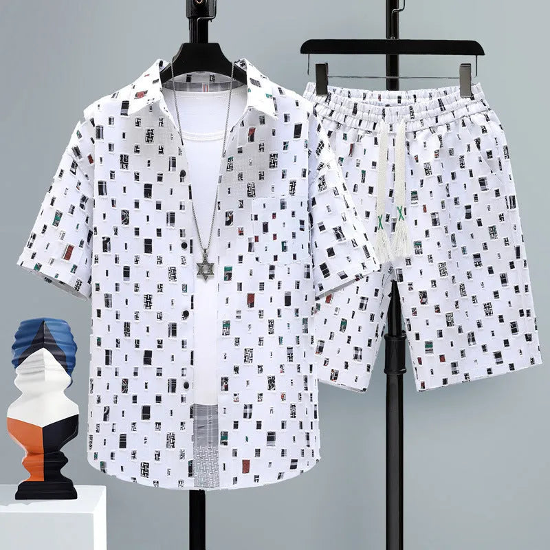 Men's casual sports shorts two-piece set in polyester, showing short sleeve top and elasticated shorts.