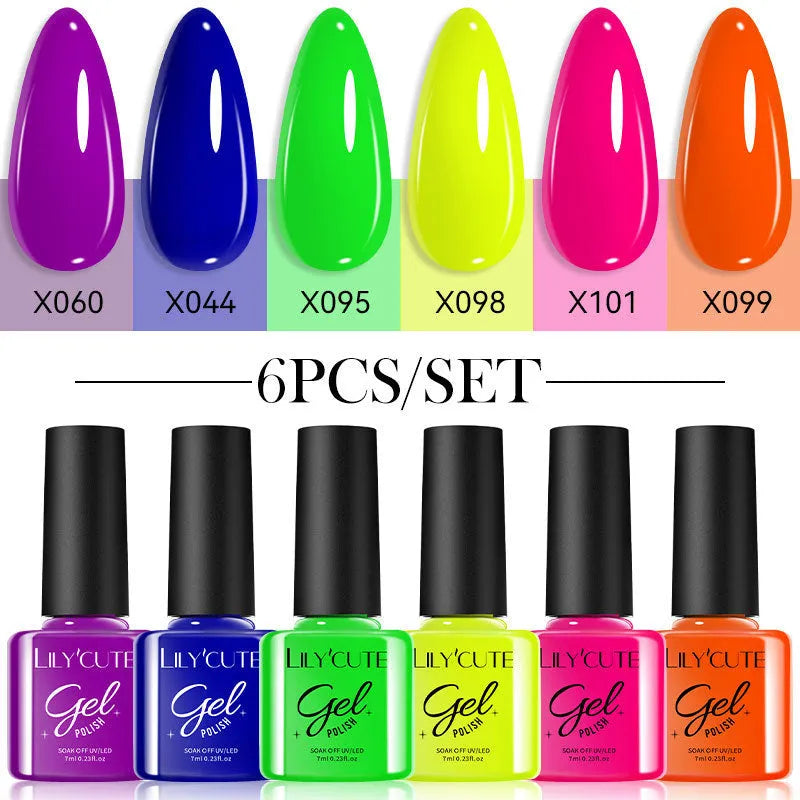 Set of 20 UV gel nail polish bottles in various colours including glitter and nude shades, each 7ml.