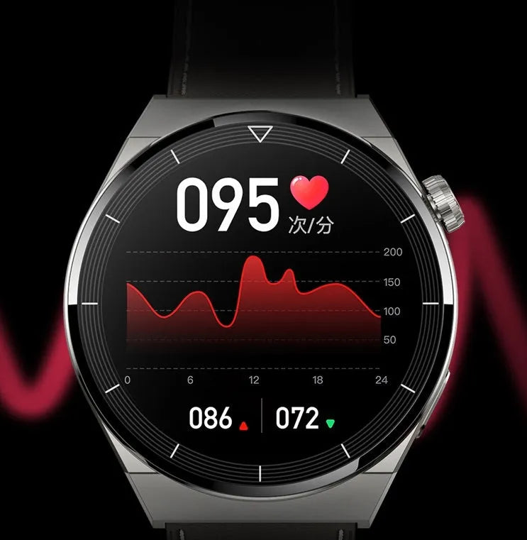 Black Android smartwatch with round 1.36 inch screen on a silicone strap, showing Bluetooth and NFC icons.