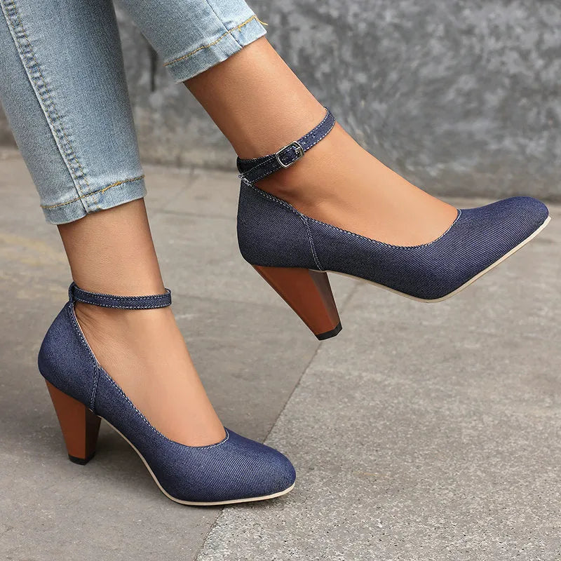 Blue denim women's platform high heel shoes with ankle buckle strap on rubber sole