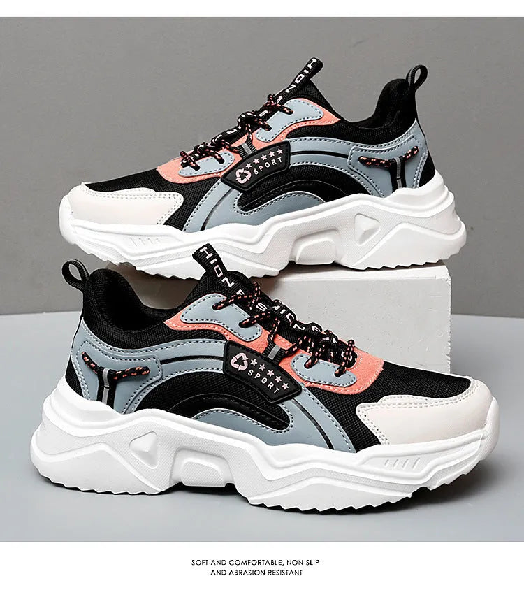 White and moonlight women's mesh casual sports shoes with thick sole, buckle detail, and round toe