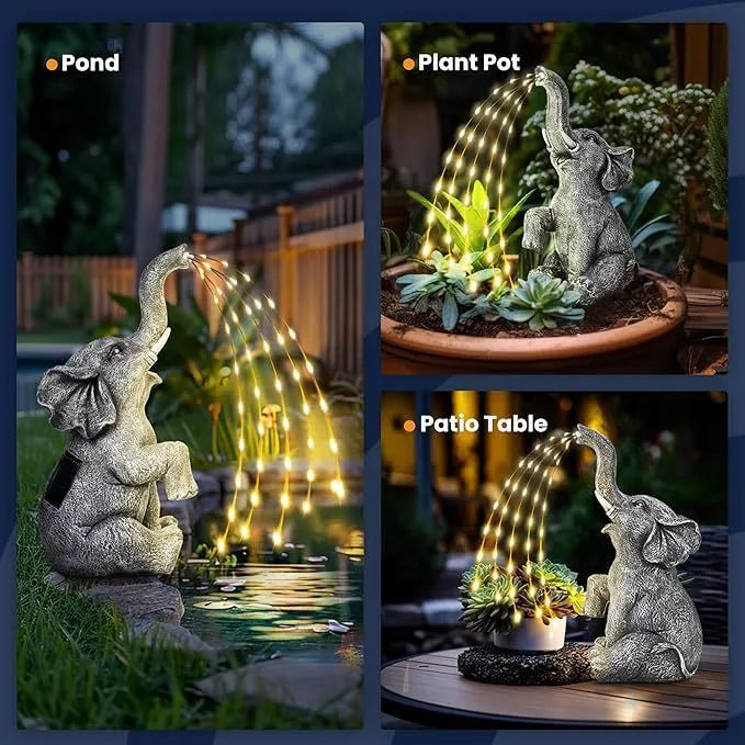 Resin elephant garden statue with a separate LED light strip on a patio.