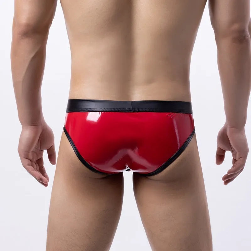 Men's patent leather effect swim briefs bikini style in gold, silver, or red polyester swimwear