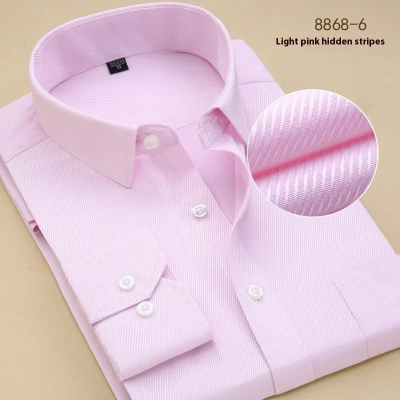 Men's black long-sleeve business slim-fit cotton shirt on a hanger