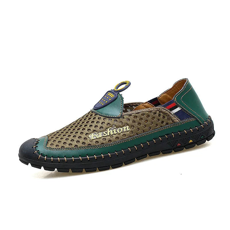 Men's brown casual shoes with mesh upper and rubber sole on a light background.