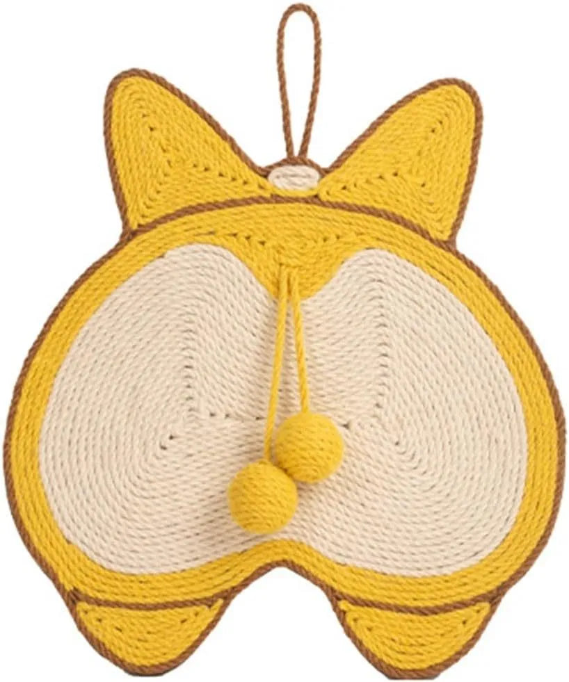 Yellow corgi-butt design sisal cat scratching pad with anti-slip base on a wooden floor.