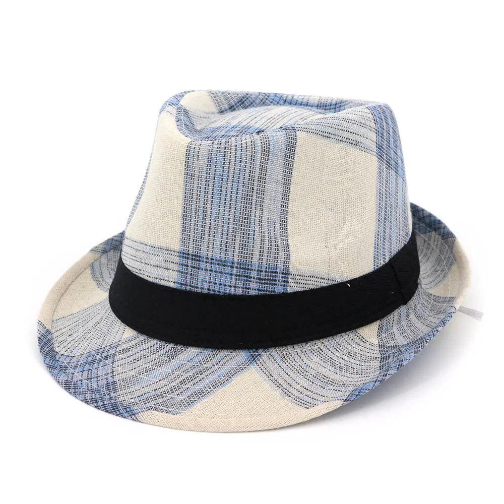 A blue casual straw hat with a bell crown and brim for outdoor sun protection.