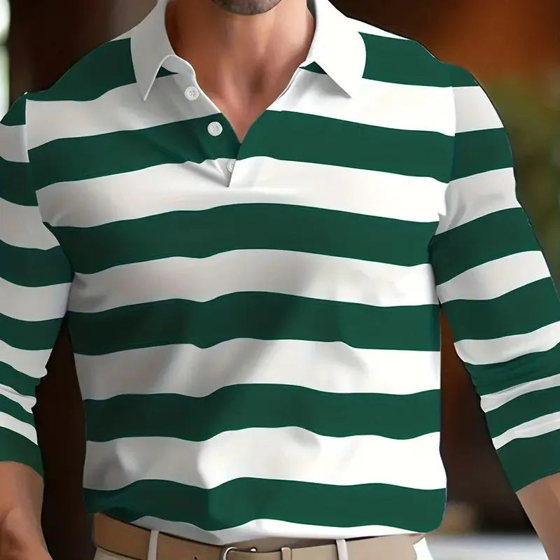Men's retro-style long sleeve polo shirt with button detailing in loose fit