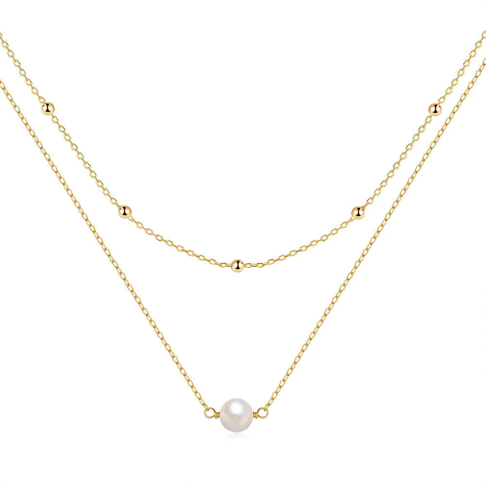 Sterling silver double layer women's necklace with twin pearls and ball bead chain