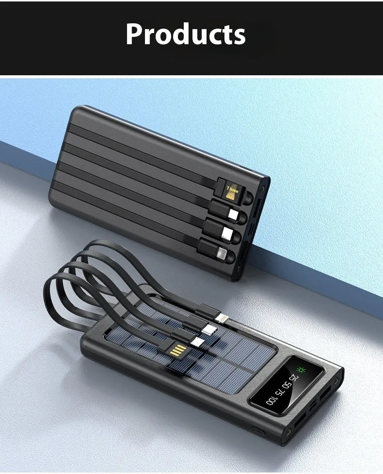 Black and white solar power bank with 20000 mAh capacity and charging cables