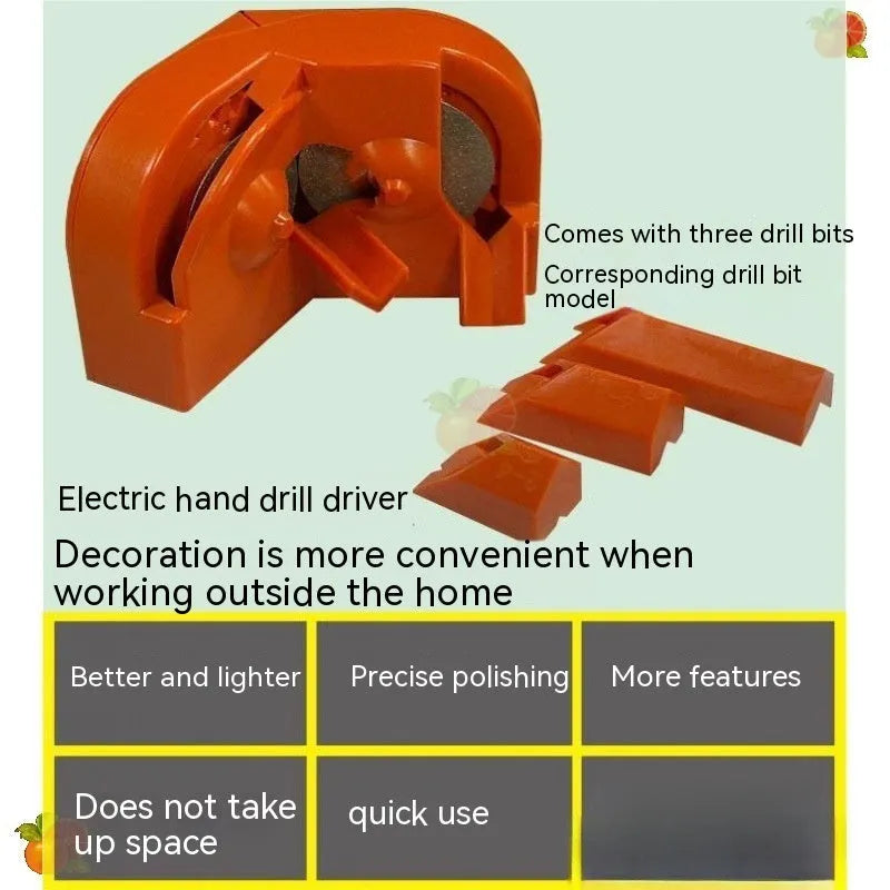 Portable universal grinding drill tool with orange sander, black sander, and replacement wheels