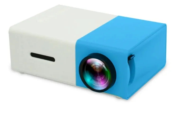 Compact HD 1080P mini projector with international plug adapters in black, blue or yellow finish