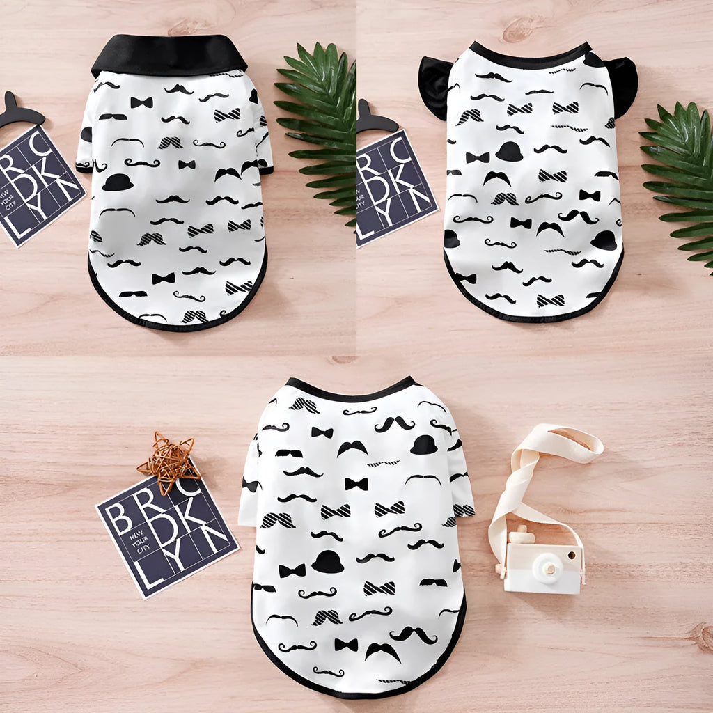 White casual polyester pet clothing for a small dog, showing sizes S, M, L, XL, XXL.