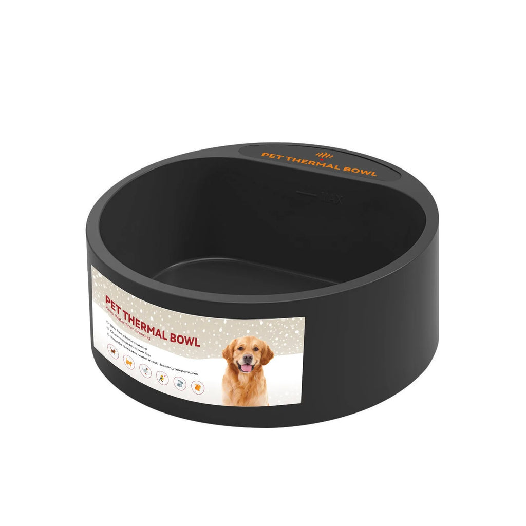 Black ABS plastic electric pet heating bowl with 2.2L capacity on a kitchen floor.