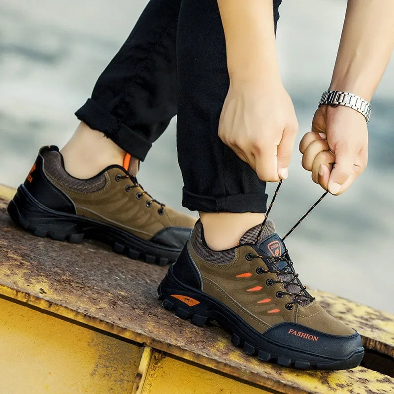 Men's mid-top hiking sneakers with suede upper, rubber sole, and front lace-up design in multiple colour options