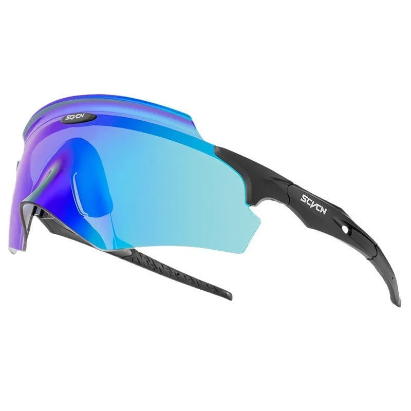 Integrated lens windproof sports goggles in a frameless design, shown in one of six colourful style options.