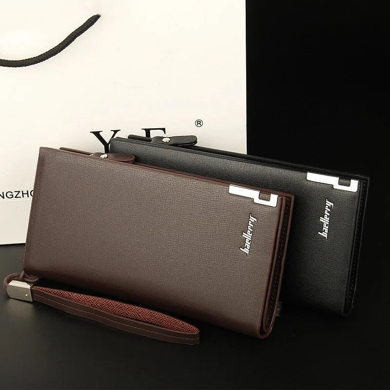 Men's long black PU leather wallet with a silver zipper closure, shown open to reveal card slots.