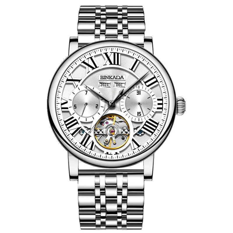 Men's automatic waterproof watch with steel strap in business style design