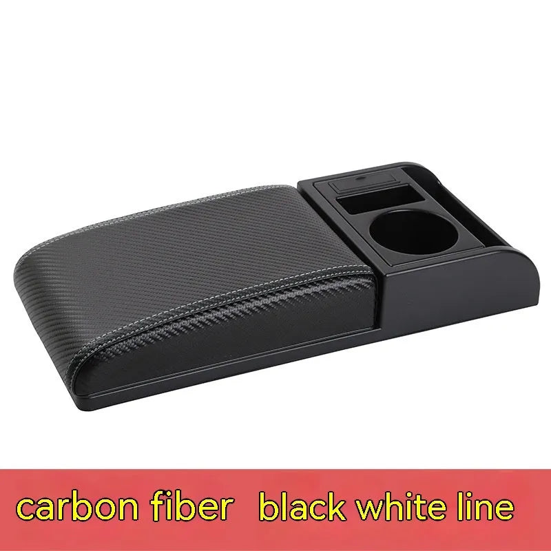 Universal plastic car armrest cover in PU leather black with red accent lines, shown on a centre console.